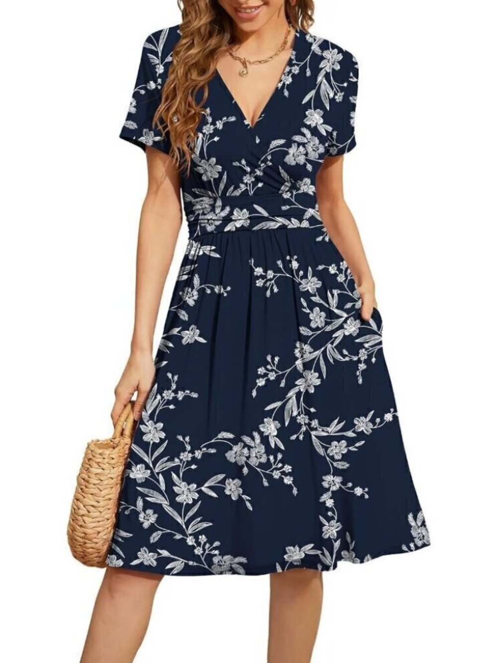 Women's Summer Short Sleeve Dresses V-Neck Floral Dress with Pockets - Blue